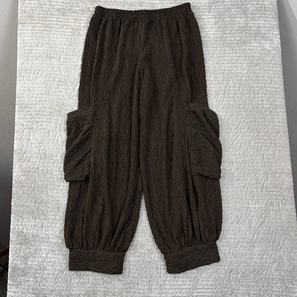 IC by Connie K Brown Textured Cargo Pants Elastic Waist Joggers Sz M Made in USA